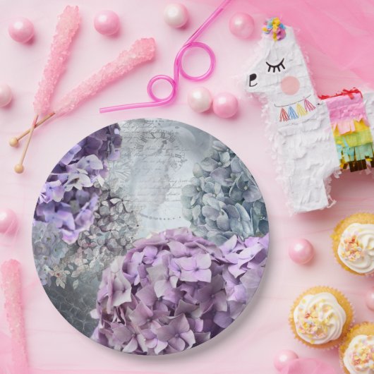 Blaues GrauVintages Blumenhydrangea-Blumenmuster Pappteller (Party)