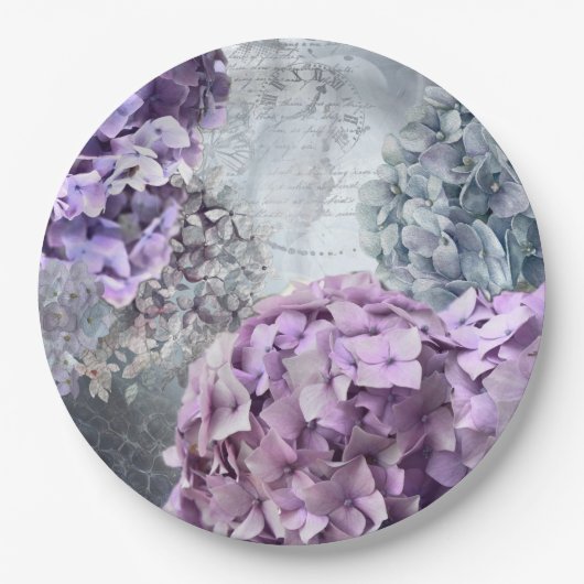 Blaues GrauVintages Blumenhydrangea-Blumenmuster Pappteller (Vorderseite)