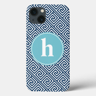 Blaues griechisches Schlüsselmuster Monogramm Case-Mate iPhone Hülle