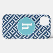 Blaues griechisches Schlüsselmuster Monogramm Case-Mate iPhone Hülle (Rückseite (Horizontal))