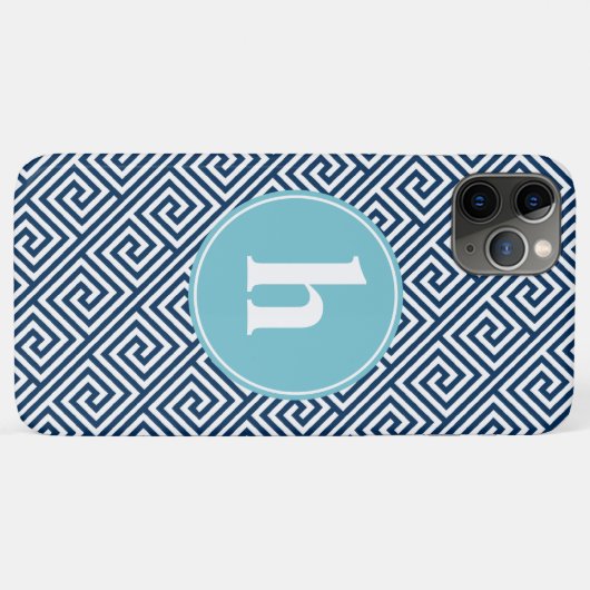 Blaues griechisches Schlüsselmuster-Monogramm Case-Mate iPhone Hülle (Rückseite (Horizontal))