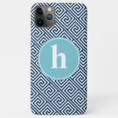 Blaues griechisches Schlüsselmuster-Monogramm Case-Mate iPhone Hülle (Rückseite)