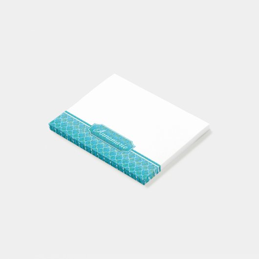 Blaues Grün-Aquarelle weißes Quatrefoil Monogramm Post-it Klebezettel (angewinkelt)