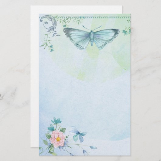 Blaues Grün-Schmetterlings-Blumen-hübsches Briefpapier (Vorne/Hinten)