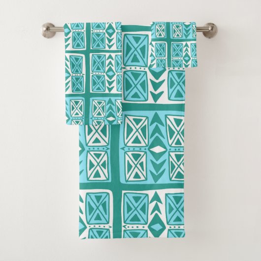 Blaues grün-weißes geometrisches Muster Badhandtuch Set (Insitu)