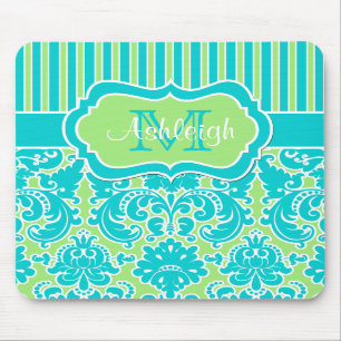 Blaues Grün-weißes gestreiftes Damast-Monogramm Mousepad