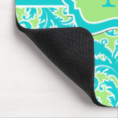 Blaues Grün-weißes gestreiftes Damast-Monogramm Mousepad (Ecke)