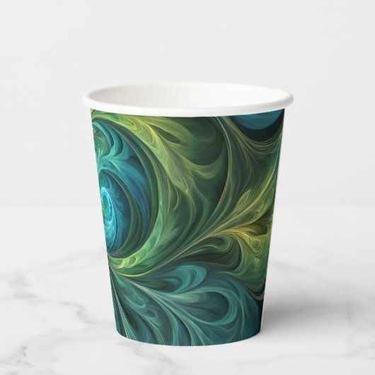 Blaues grünes AI-Fraktal-Muster Pappbecher (Rückseite)