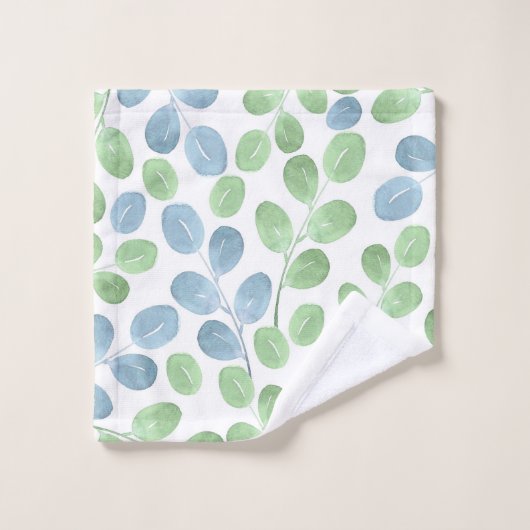 Blaues grünes Aquarellmuster Rundleaf Muster Badhandtuch Set (Waschlappen)