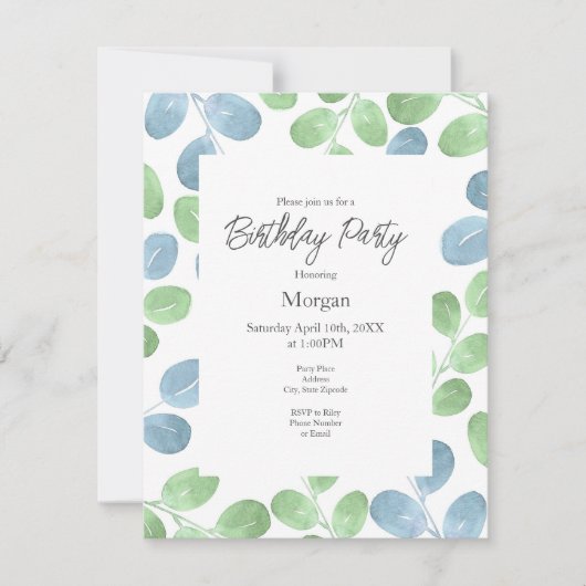 Blaues grünes Aquarellmuster Rundleaf Muster Einladung (Vorderseite)