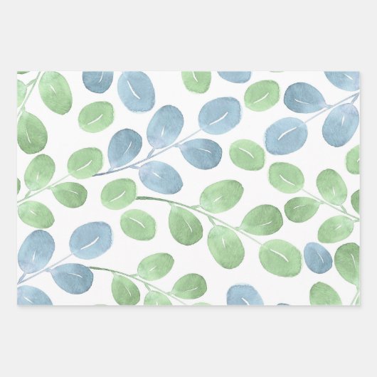 Blaues grünes Aquarellmuster Rundleaf Muster Geschenkpapier Set (Vorderseite 2)