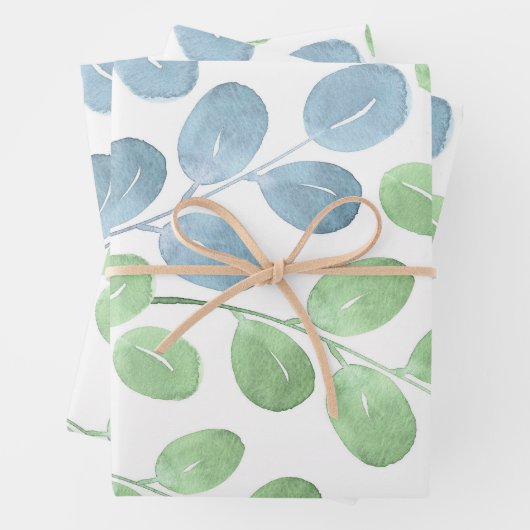 Blaues grünes Aquarellmuster Rundleaf Muster Geschenkpapier Set (Beispiel)