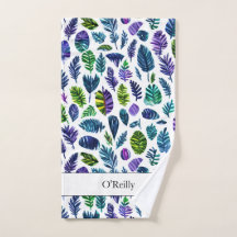 Blaues grünes Leaf Modernes Monogramm Handtuch