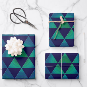 Blaues grünes Mandala Geometrisches Dreieck Geschenkpapier Set