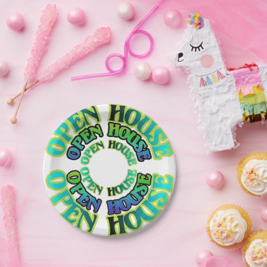 Blaues Grünes, offenes Haus-Muster Pappteller (Party)