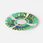 Blaues Grünes, offenes Haus-Muster Pappteller (Schrägansicht)