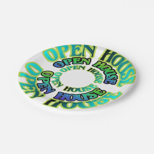 Blaues Grünes, offenes Haus-Muster Pappteller (Schrägansicht)