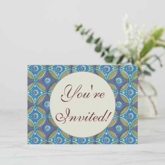 Blaues grünes Rustikales Boho Geometrisches Zirkel Einladung (Stehend Vorderseite)