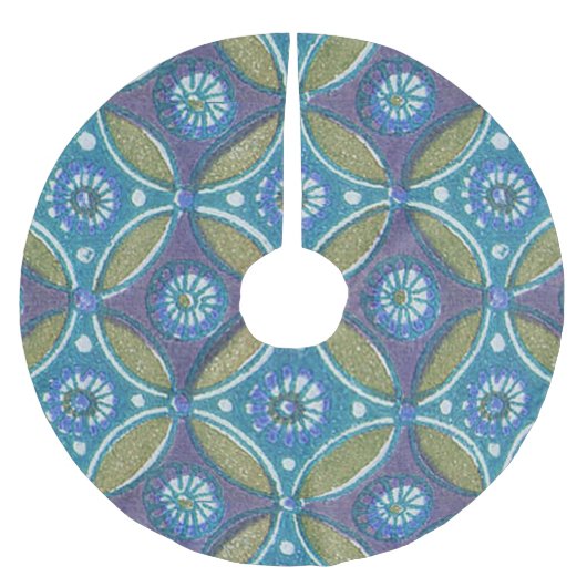 Blaues grünes Rustikales Boho Geometrisches Zirkel Polyester Weihnachtsbaumdecke (Vorderseite)