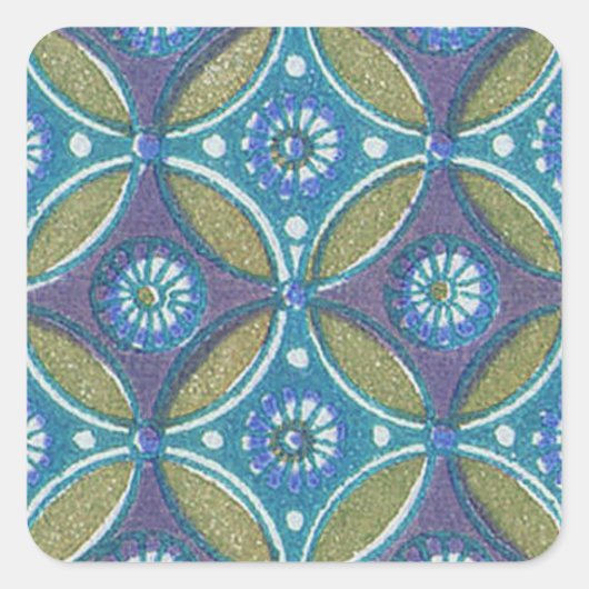 Blaues grünes Rustikales Boho Geometrisches Zirkel Quadratischer Aufkleber (Vorderseite)