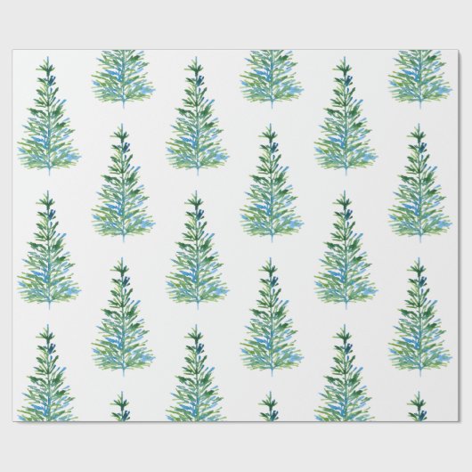 Blaues grünes Watercolor Pine Tree Muster Geschenkpapier (Flach)