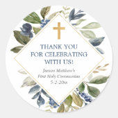 Blaues Grünfolien Gold erste Kommunion Taufe Runder Aufkleber (Vorderseite)