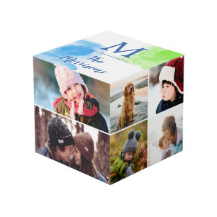 Blaues Grünwatercolor-Monogramm-Foto-Collage Würfel