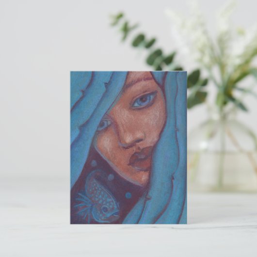 Blaues Haar Meerjungfrau Portrait Fantasy Pastel M Postkarte (Stehend Vorderseite)