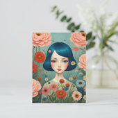 Blaues Haar und Blume Postkarte (Stehend Vorderseite)