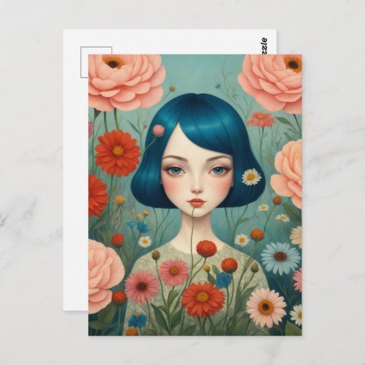 Blaues Haar und Blume Postkarte (Vorne/Hinten)