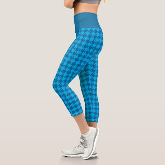 Blaues Hahnentrittmuster Wiederholungsmuster Capri Leggings (Links)