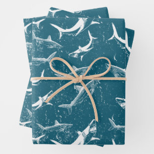 Blaues Hai-Muster Geschenkpapier Set