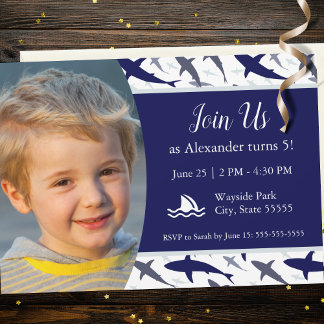 Blaues Hai-Muster mit Foto Boy Birthday Party Einladung