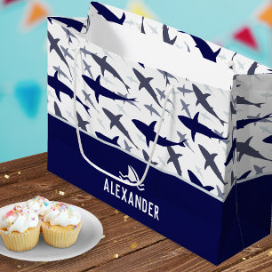 Blaues Hai Muster mit Name Boy Birthday Party Große Geschenktüte