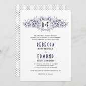 Blaues heraldisches Wappen mit Initialen Hochzeit Einladung (Vorne/Hinten)