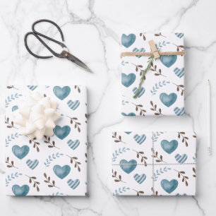 Blaues Herz-Geschenkpapier Flachblatt-Set aus 3 Geschenkpapier Set