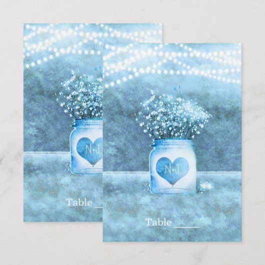 Blaues Herz im Einmachglas & Baby-Breath-Tischnumm Einladung (Vorne/Hinten)