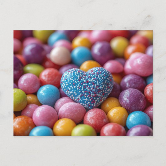 Blaues Herz mit bunter Schokolade Valentinstag Postkarte (Vorderseite)