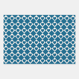 Blaues Herz-Schachbrett-Muster Geschenkpapier Set