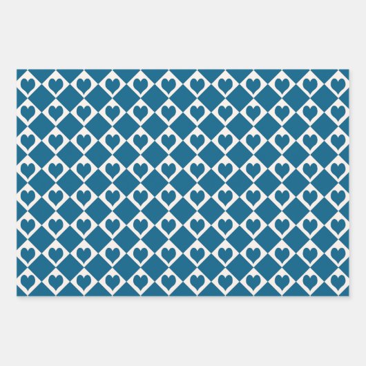 Blaues Herz-Schachbrett-Muster Geschenkpapier Set (Vorderseite)