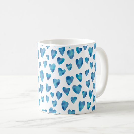 Blaues Herz-Wasserfarbmuster Kaffeetasse (VorderseiteRechts)