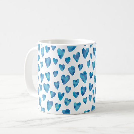 Blaues Herz-Wasserfarbmuster Kaffeetasse (Vorderseite Links)
