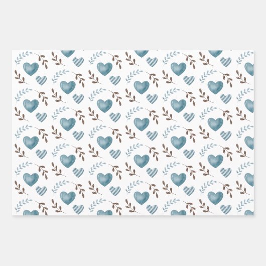 Blaues Herz-Wrapping Papier Flachblatt Set 3 (Vorderseite 3)