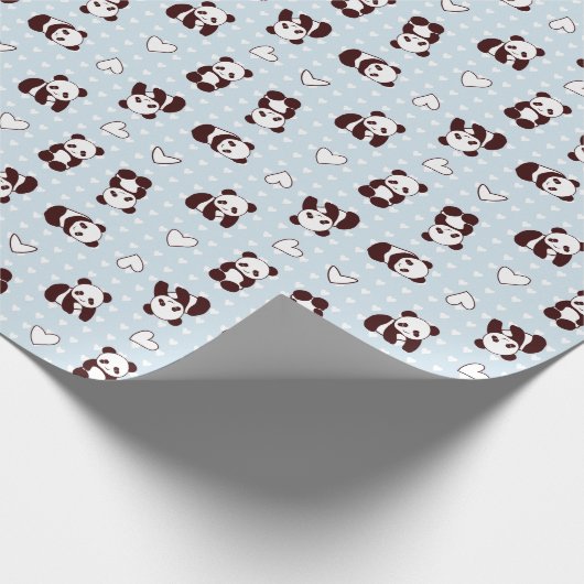Blaues Herzpanda gemustertes Packpapier (Ecke)