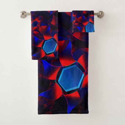 Blaues Hexagon gemischt mit überlappenden roten Ku Badhandtuch Set (Insitu)