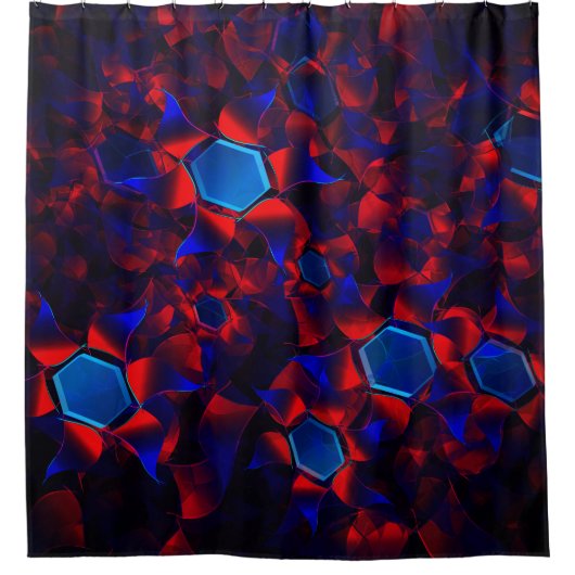 Blaues Hexagon gemischt mit überlappenden roten Ku Duschvorhang (Vorderseite)