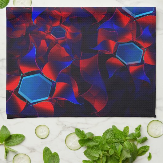 Blaues Hexagon gemischt mit überlappenden roten Ku Geschirrtuch (Gefaltet)