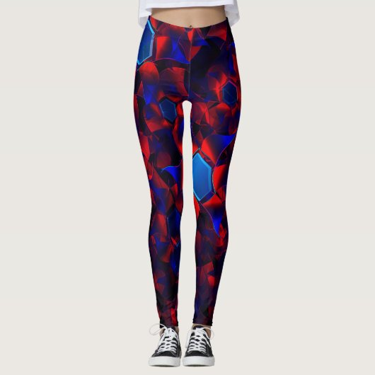Blaues Hexagon gemischt mit überlappenden roten Ku Leggings (Vorderseite)