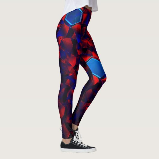 Blaues Hexagon gemischt mit überlappenden roten Ku Leggings (Rechts)