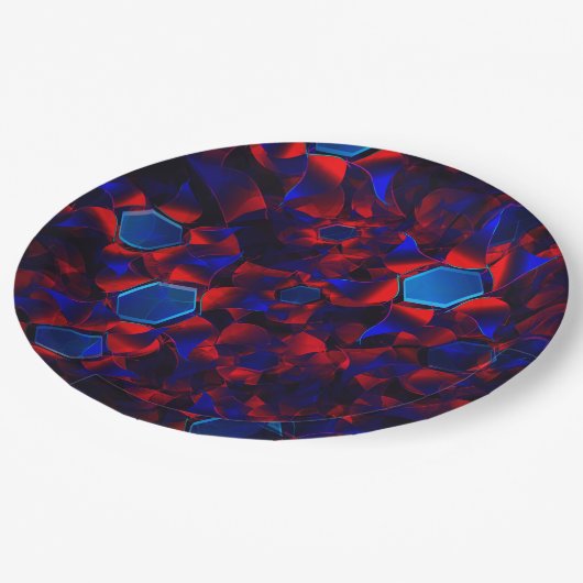 Blaues Hexagon gemischt mit überlappenden roten Ku Pappteller (Schrägansicht)